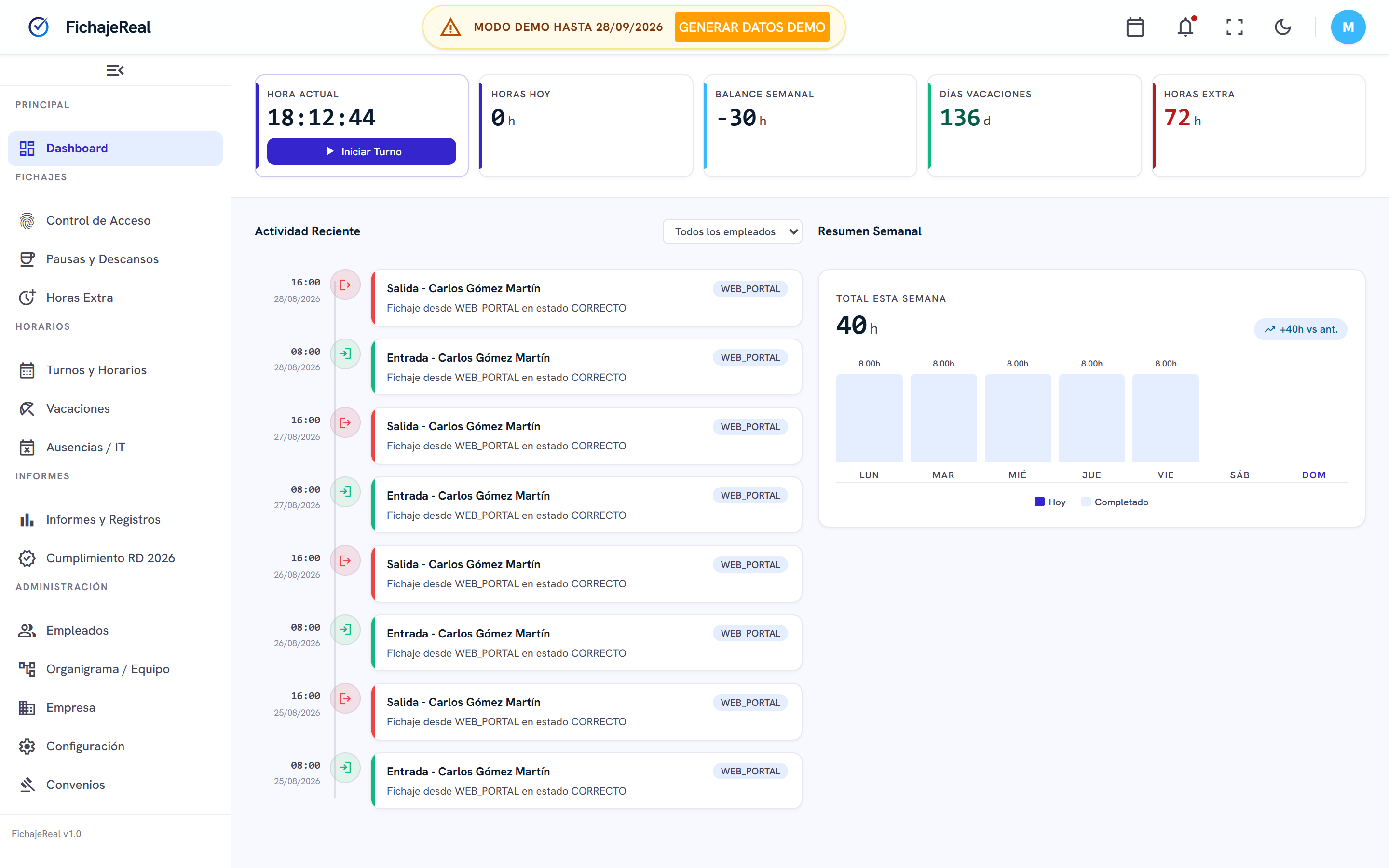 FichajeReal Dashboard Interface